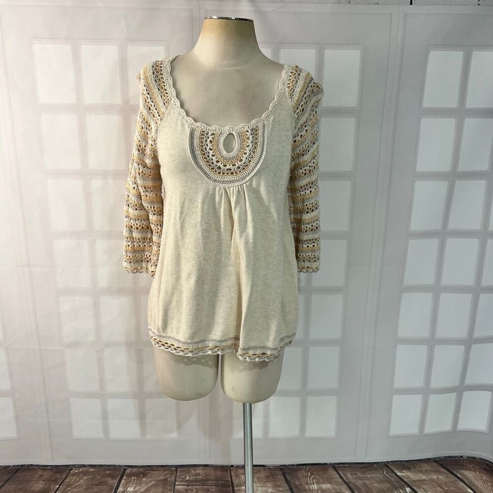 Sundance Cream Tan Cotton Blend 3/4 Sleeves Crochet Top Blouse Size Medium